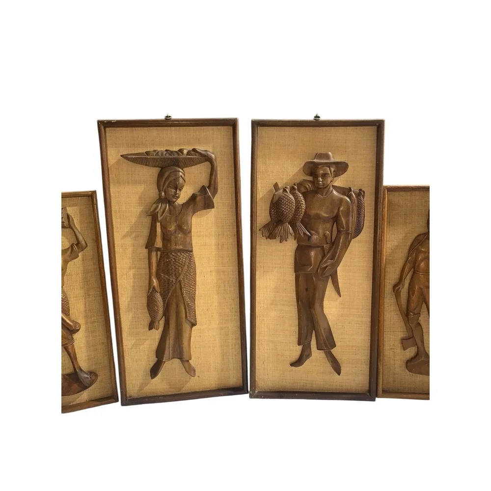 Vintage Carved Wood Figures Wall Art Set 4pc Mid Century‎ Scene Decor